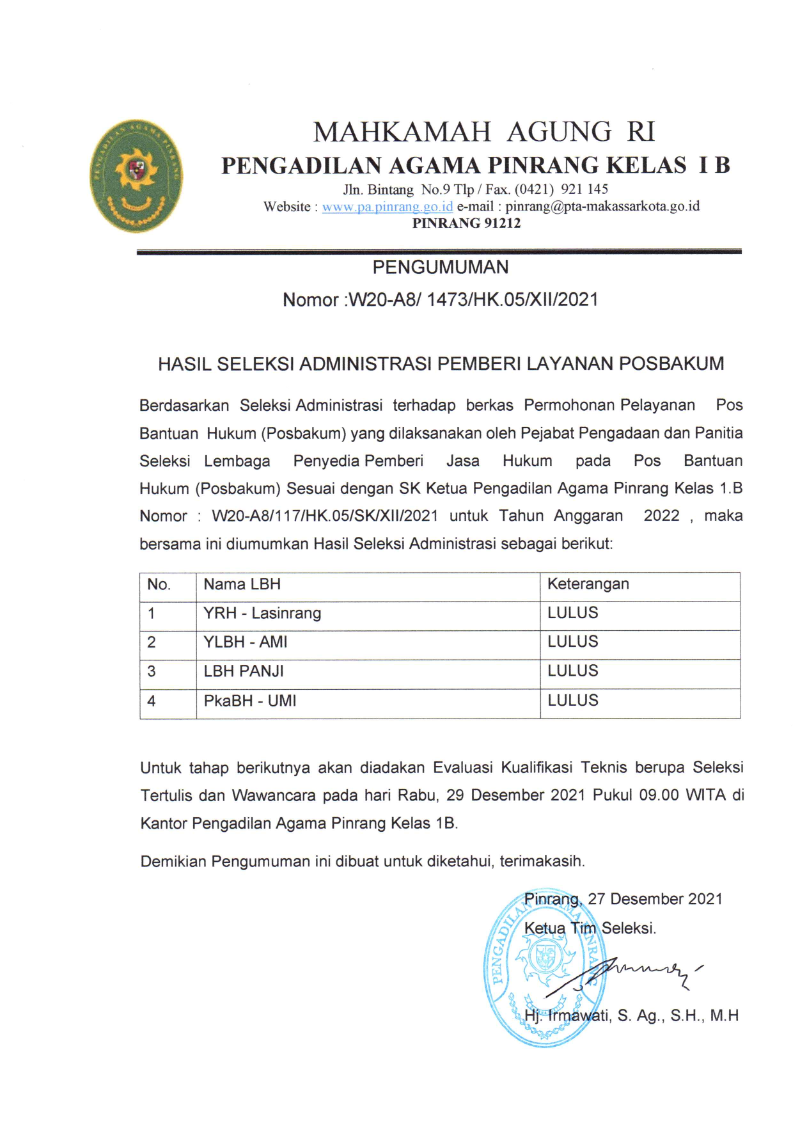 HASIL SELEKSI ADMINISTRASI POSBAKUM 001